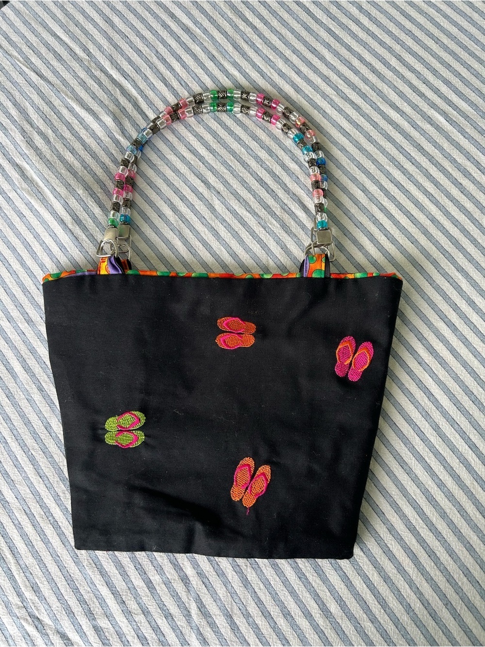Black Handbag With Embroidered Flip Flops and Beads Handles Summer Handmade